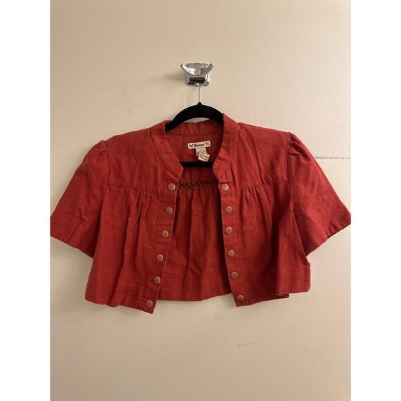 Vintage Rust Red Cropped Linen Button‎ Blouse Cottagecore Boho Y2K Festival Top - Picture 2 of 5